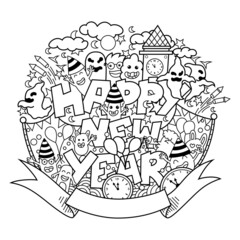 Hand drawn of happy new year doodle 