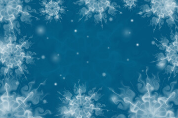 Abstract illustration on a dark blue background. Fractal soft white snowflakes and bokeh. Use for posters, cards, backgrounds, covers, web