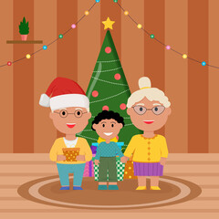 Obraz na płótnie Canvas Family at Christmas. Family standing near christmas tree and decorating. Grandparents congratulate their grandson