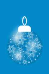 Postcard with a ball on the Christmas tree. Blue background with white fractal snowflakes, stars and bokeh. Abstract winter illustration