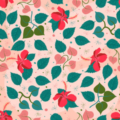 Repetitive allover vector tile pattern of hibiscus rosa sinensis. Beautiful coloured chunk for textile, carpet, duffle bag, bolster, upholstery etc.