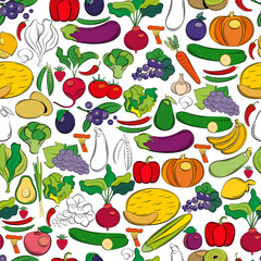 Seamless vector pattern with vegetables and fruits on a white background