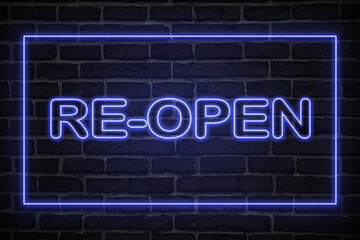 Fototapeta na wymiar open neon sign. blue glow. neon text. Brick wall lit by neon lamps. Night lighting on the wall. Trendy Design. light banner, bright advertisement