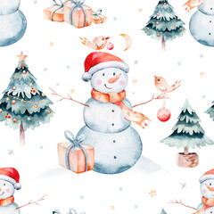 Watercolor Merry Christmas seamless pattern with snowman, christmas tree , snowman, holiday cute animals bunny rabbit, rabbit and baby deer . Christmas celebration cards. Winter new year