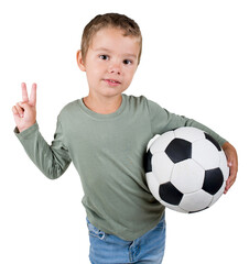 little boy with soccer ball isolated in white