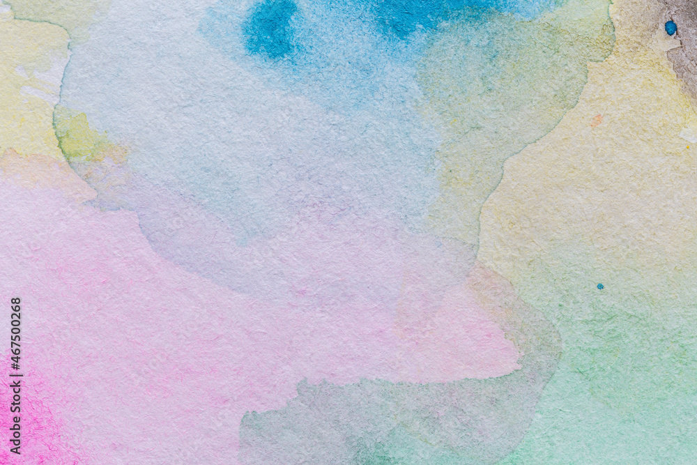 Poster macro close-up of an abstract multicolored yet pale watercolor gradient fill background with waterco