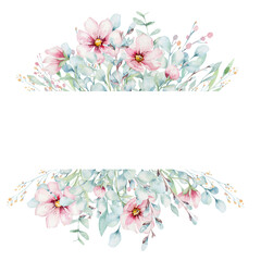 wreath of blossom pink cherry flowers in watercolor style with white background. Set of summer blooming japanese sakura branch decoration