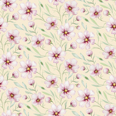 Seamless pattern of blossom pink cherry flowers in watercolor style with white background. Summer blooming japanese sakura branch decoration