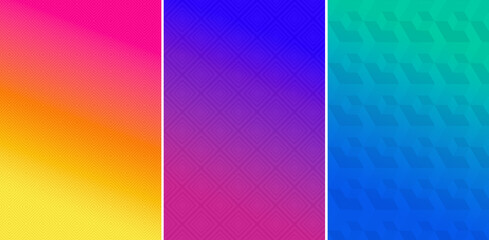 Abstract colorful geometric pattern backgrounds. Gradient pink, orange, yellow, purple, blue and green banner, poster, brochure templates. Three abstract high resolution graphic backgrounds.