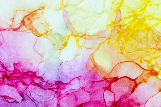 Macro close-up of yellow and pink alcohol ink layers and splashes, abstract background. Fluid ink, colorful full frame textured background. Vibrant color. Art for design. © tuomaslehtinen