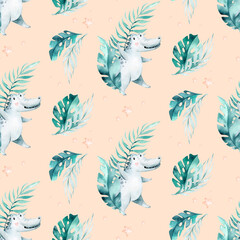 Seamless cartoon crocodiles pattern. Watercolor tropic african illustration with watercolor alligators and Africa palms. Tropical leaves Fabric background