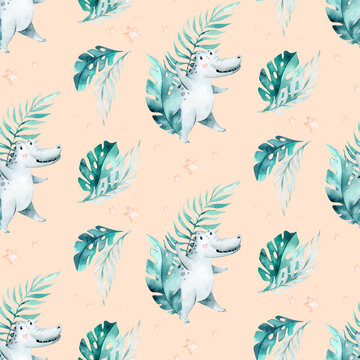 Seamless cartoon crocodiles pattern. Watercolor tropic african illustration with watercolor alligators and Africa palms. Tropical leaves Fabric background
