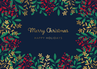 Christmas card design template Floral decorated frame Navy background 