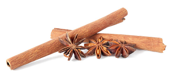 Cinnamon sticks and anise star isolated on white background