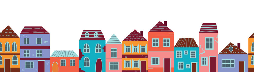 Seamless border urban tiny houses with trees isolated on white background. Minimalist town, residential city houses landscape vector illustration. Backdrop for wallpaper, textile, fabric, wrapping