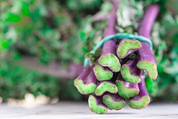 Close up shot of Bundle of fresh green Kale Salad Leaves and Stems in a Local Market. Selective focus. Food background.