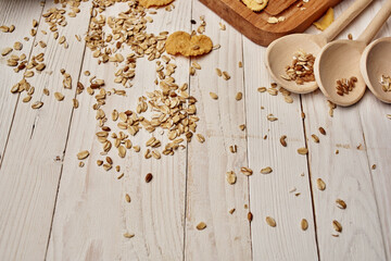 wooden tableware food muesli wood background