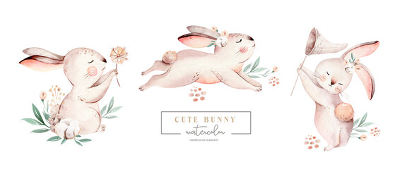 Watercolor Happy Easter baby bunnies design with spring blossom flower. Rabbit bunny kids illustration isolated. Hand drawn Easter cartoon forest hare animal bunny holiday funny  - 467501899