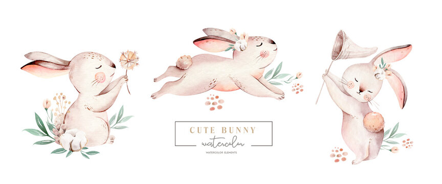 Watercolor Happy Easter baby bunnies design with spring blossom flower. Rabbit bunny kids illustration isolated. Hand drawn Easter cartoon forest hare animal bunny holiday funny 