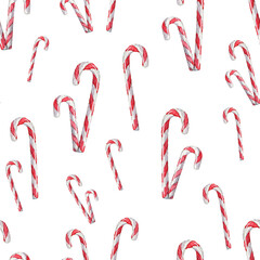 Christmas seamless pattern with hand drawn red candy cane on white background. Seamless pattern with watercolor candies and lollipops. Illustration for wrapping paper, fabric, greeting cards design.