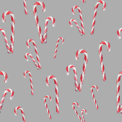 Christmas seamless pattern with hand drawn red candy cane on gray background. Seamless pattern with watercolor candies and lollipops. Illustration for wrapping paper, fabric, greeting cards design.