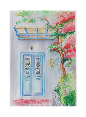 Watercolor painting of Vintage old door in Cyprus sketch art illustration