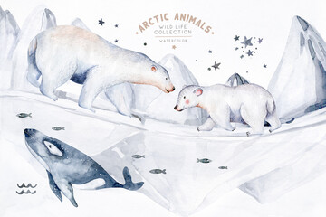 polar arctic animals watercolor collection. snowy owl. reindeer and polar bear, arctic fox. Baby penguin, walrus and seal, hare. hand drawn whale - obrazy, fototapety, plakaty