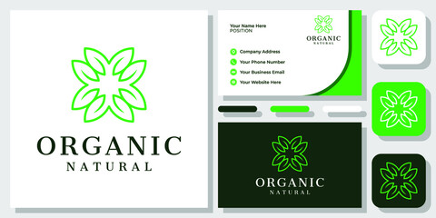 Leaf Nature Green Organic Natural Circular Plant Concept Logo Design with Business Card Template