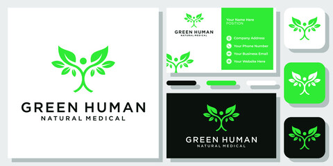 Human Leaf People Health Organic Tree Nature Green Fresh Logo Design with Business Card Template