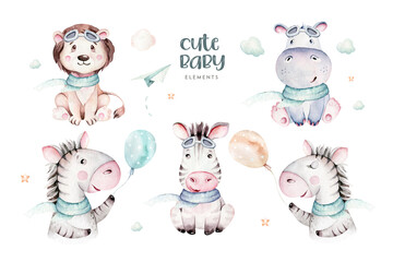 Watercolor baby cartoon pilot aviation hippopotamus, lion and zebra animals sky transport, airplanes clouds. cute childish baby shower illustration