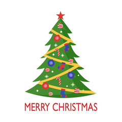 Christmas tree decoration in flat design on white background. Merry Christmas celebration designed for greeting card or poster banner.
