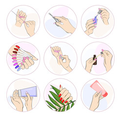 Icons, emblems, templates for social media stories, websites or blogs. The theme of manicure, female beauty, beauty sphere.