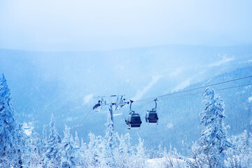 Landscape on mountain Sheregesh ski lift resort in winter, aerial top view Kemerovo region Russia
