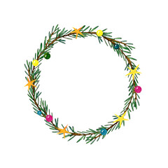 christmas watercolor wreath of pine branches and colorful balls on a white background.