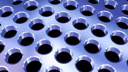 Metallic background with punched holes pattern, technological metal design, 3D perforated texture render ilustration.
