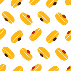 Sufganiyot, hanukkah traditional donuts, pastry vector seamless pattern background.