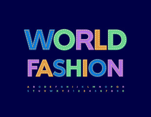 Fototapeta na wymiar Vector bright banner World Fashion. Stylish Denim Font. Jeans Alphabet Letters and Numbers set