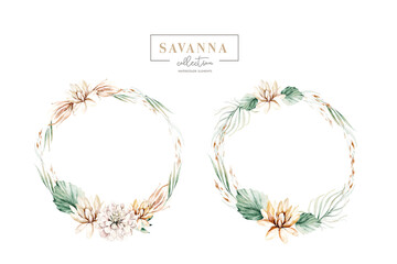 Set watercolor wreath frame of savanna gold flowers collection garden red, burgundy flower, leaves, branches, Botanic illustration isolated on white background
