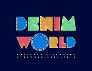 Vector creative emblem Denim World. Bright textile Font. Stitched Alphabet Letters and Numbers set