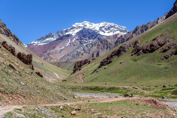 Fototapeta na wymiar Mount Aconcagua, the highest peak of Americas, dominating the valley, Mendoza, Argentina