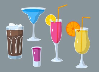 Cartoon set of drinks, glass of cocktail with piece of fruit