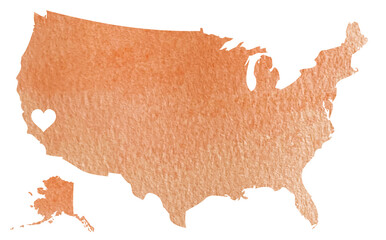 Watercolor orange map of USA with California state isolated on white