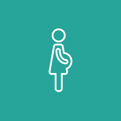 white silhouette of pregnant woman in dress isolated on turquoise background. Flat icon isolated