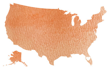 Watercolor orange map of USA with Florida state isolated on white