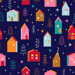 Christmas seamless pattern with hand drawn houses and christmas trees with toys in Scandinavian style. Xmas cozy decor elements. Template for invitation,wishing,design,print.Vector illustration.