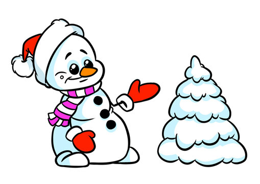Snowman winter tree new year greeting card illustration cartoon