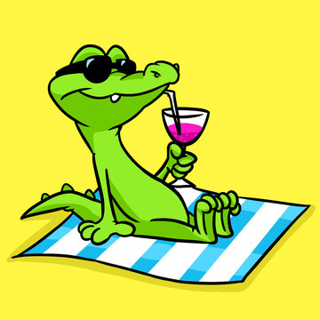 Little crocodile rest sand beach drink cocktail illustration cartoon