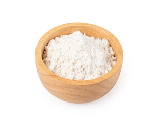 Fototapeta na wymiar Milk powder in wooden bowl on white background.