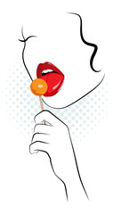 Abstract young woman with open red mouth eating lollipop