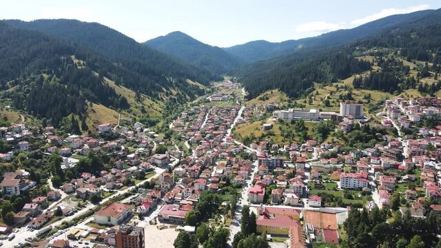 Aerial view of the famous Bulgarian ski resort Chepelare, Smolyan Region, Bulgaria